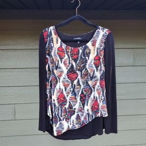 Charlie B Abstract blouse with black long sleeves (Size Large)